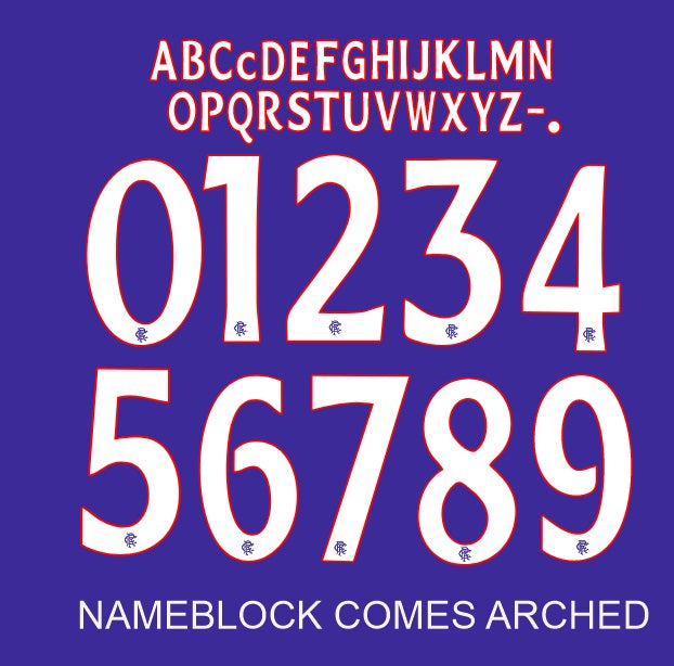 RANGERS 2022 2023 FOOTBALL SHIRT HOME CHAMPIONS LEAGUE NAMESET FONT